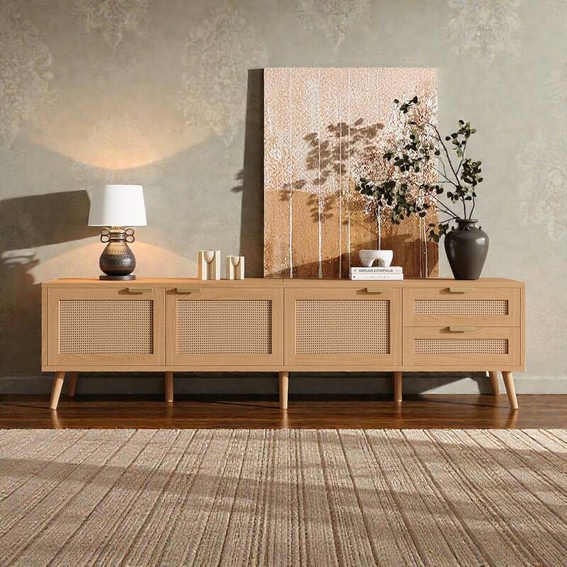 70" Rattan TV Stand for TVs up to 80", Modern Media Console with 2 Drawers, Storage Cabinets & Cable Holes, Solid Wood Legs