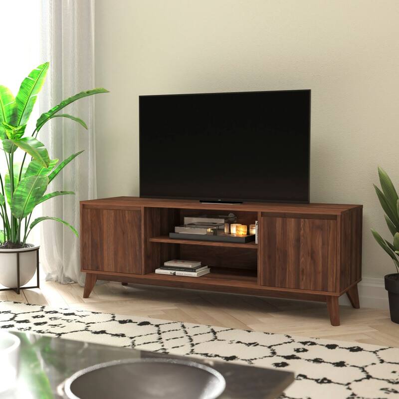 TV Stand with Adjustable Middle Shelf - Dual Soft Close Storage Doors - 59"W x 17.75"D x 21.75"H - Dark Walnut
