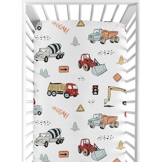 Sweet Jojo Designs Construction Truck Collection Boy Fitted Crib Sheet - Grey Yellow Orange Red and Blue Transportation