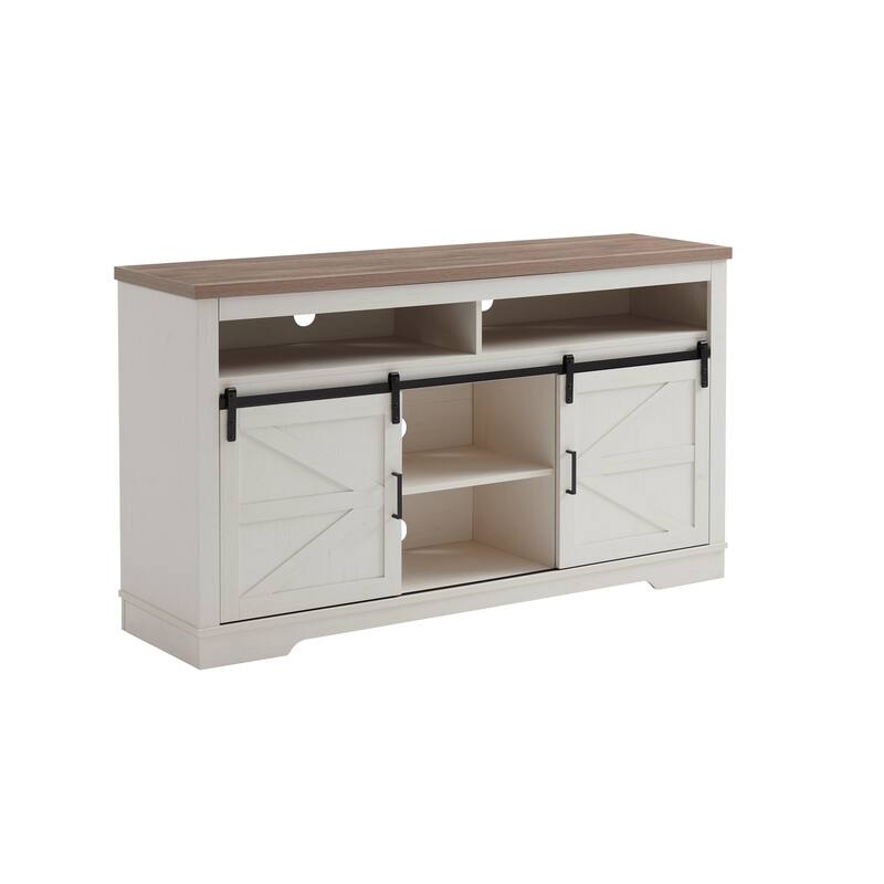Farmhouse TV Stand Media Console, for 65+ Inches with 2 Sliding Barn Doors and Storage Shelves, for Living Room, Antique White