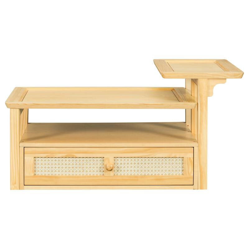38.5" Coffee Table with Rattan Drawer, Dual Tops & Storage Shelf
