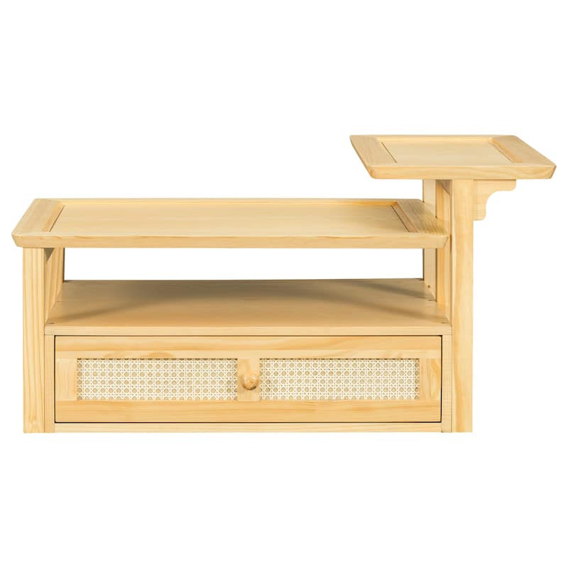 Roomfitters Modern Coffee Table with Open Shelf, Dual Tabletops and Rattan Accent Storage