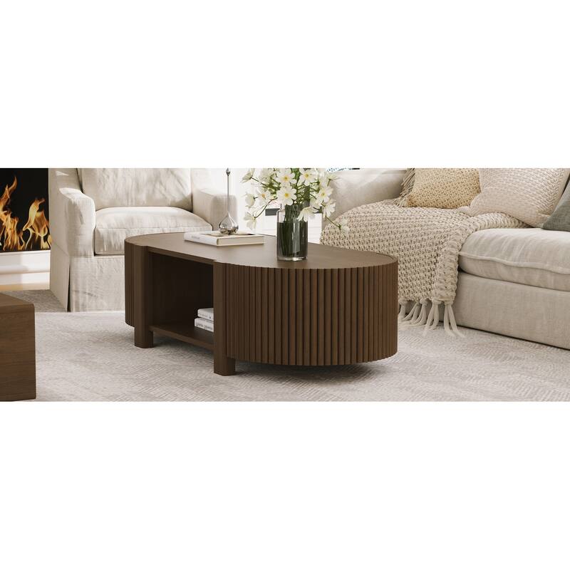 47" Coffee Table for Living Room, Wood Center Table, Tea Table, Storage Table with Sliding Doors, Modern Oval End Table