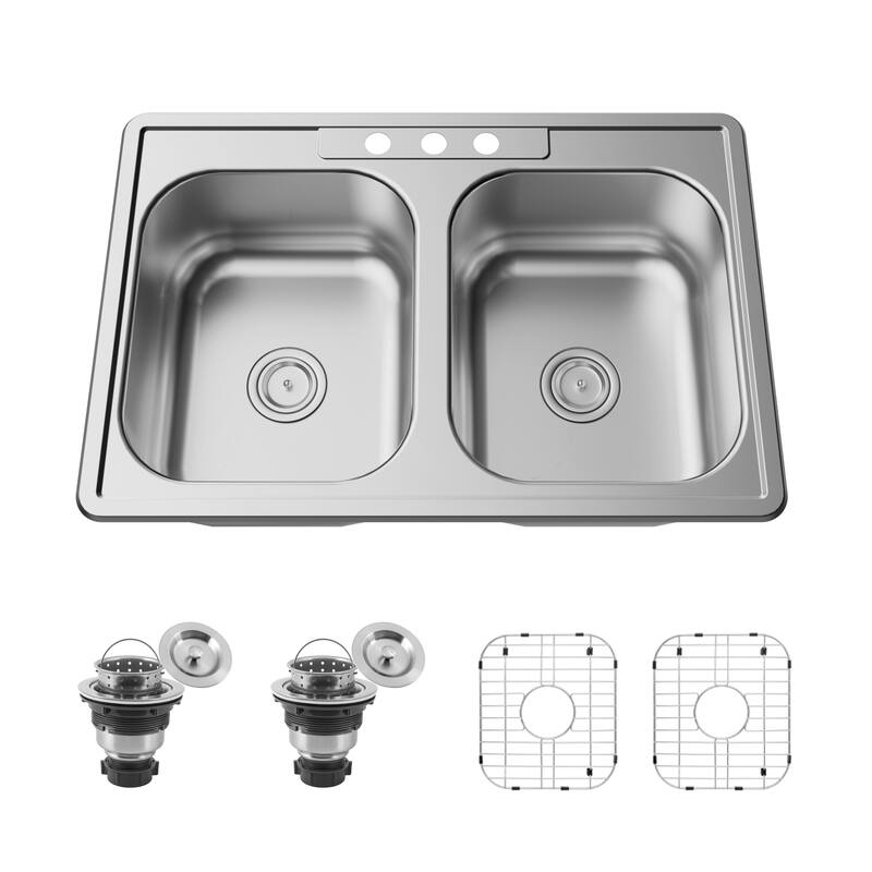 33''x22'' Drop in Kitchen Sink Three Holes, Top Mount Double Bowl Kitchen Sink, Stainless Steel Sink with Drainer&Sink Protector - 33''x22''x8''-sink+sink protector