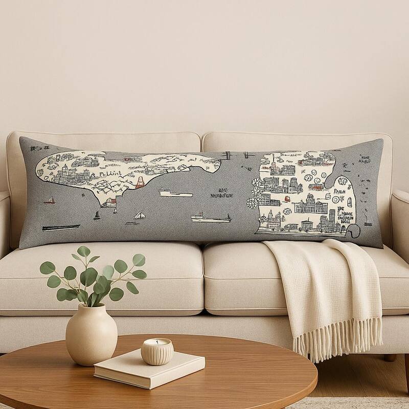 HomeRoots 14" X 46" Cream Michigan Daylight Skyline Lumbar Decorative Pillow