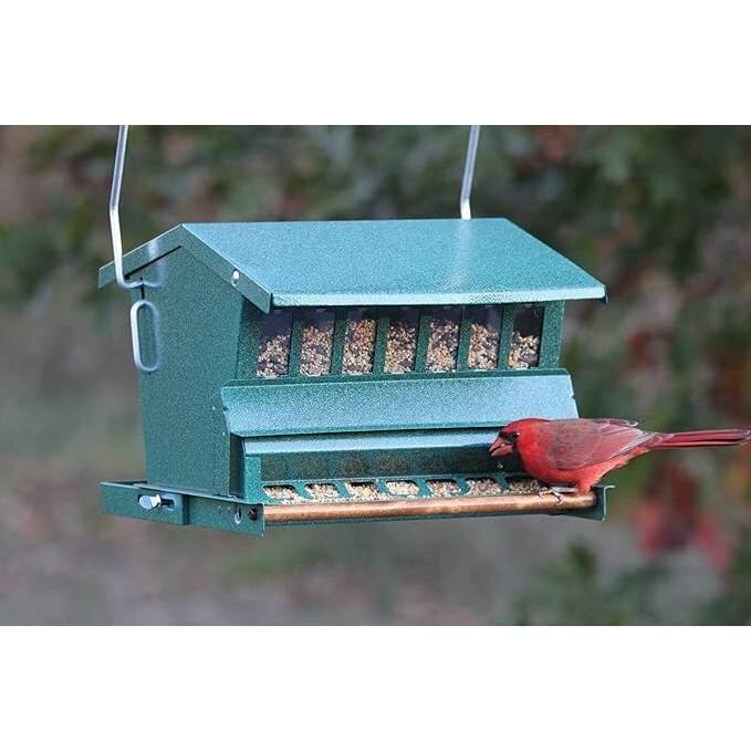 Rugged Green Metal Squirrel-Proof Bird Feeder with Easy-Refill Top and Pole Mount - 12"L x 14.5"W x 9.5"H