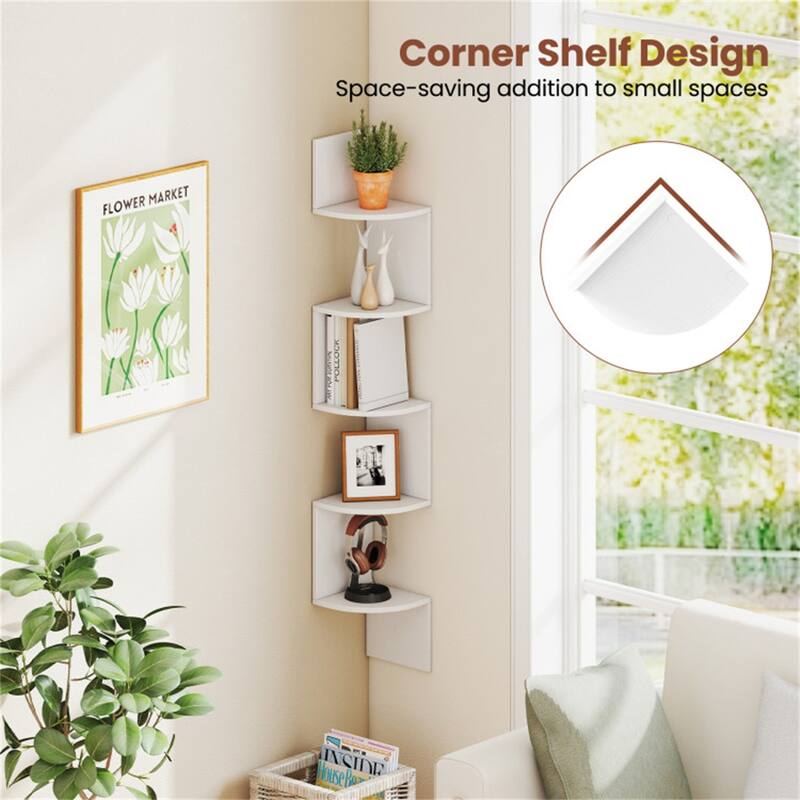 5-Tier Floating Corner Shelf Wall Mounted Organizer for Living Room Bedroom or Kitchen - 8" x 8" x 50"