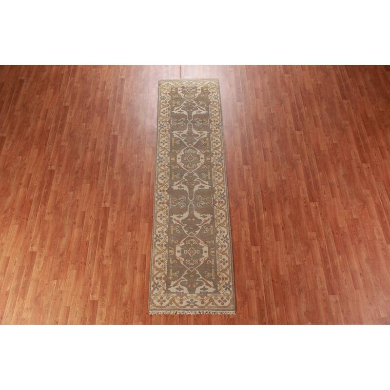 Light Brown Oushak Oriental Runner Rug Handmade Floral Wool Carpet - 2'8" x 10'0"