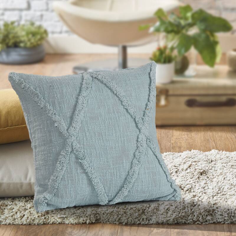 18" Pastel Blue Hand Woven Diamond Tufted Square Throw Pillow