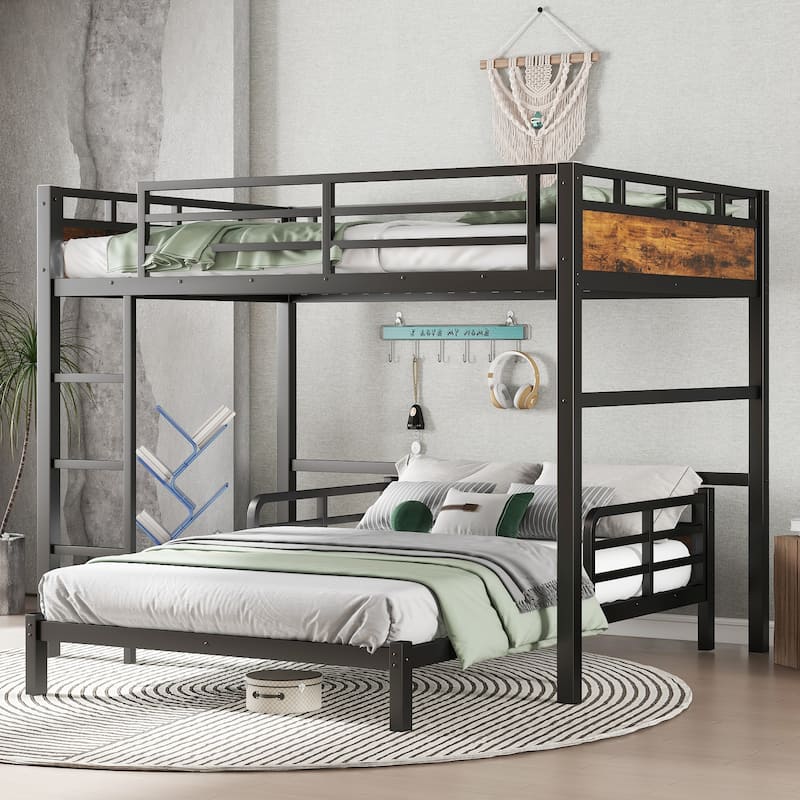 Metal Separable Bunk Beds,Black+Vintage - Full XL over Full XL