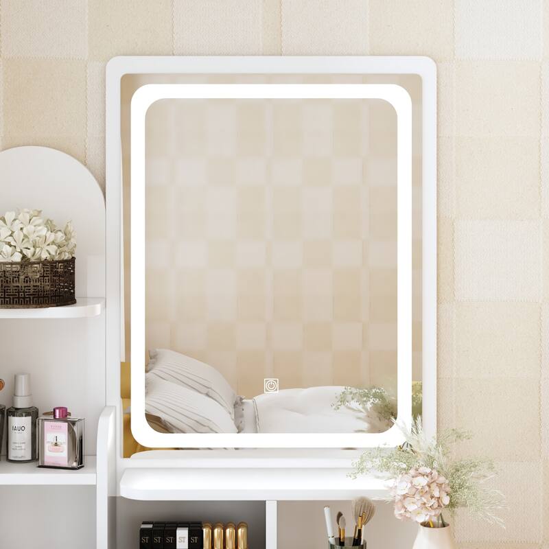 Makeup Vanity Set wi/Lighted Mirror, Storage Shelves and Drawers White - 31.5"L x 15.7"W x 55.1"H