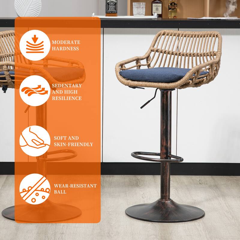 Plastic Rattan Linen Swivel Adjustable Height Bar Stools With Footrest(set of 2)