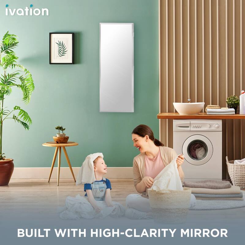 Ivation Wall-Mounted Ironing Board Cabinet, Foldable Storage Station, Easy-Release Lever, Garment Hooks, Full Mirror Door, White