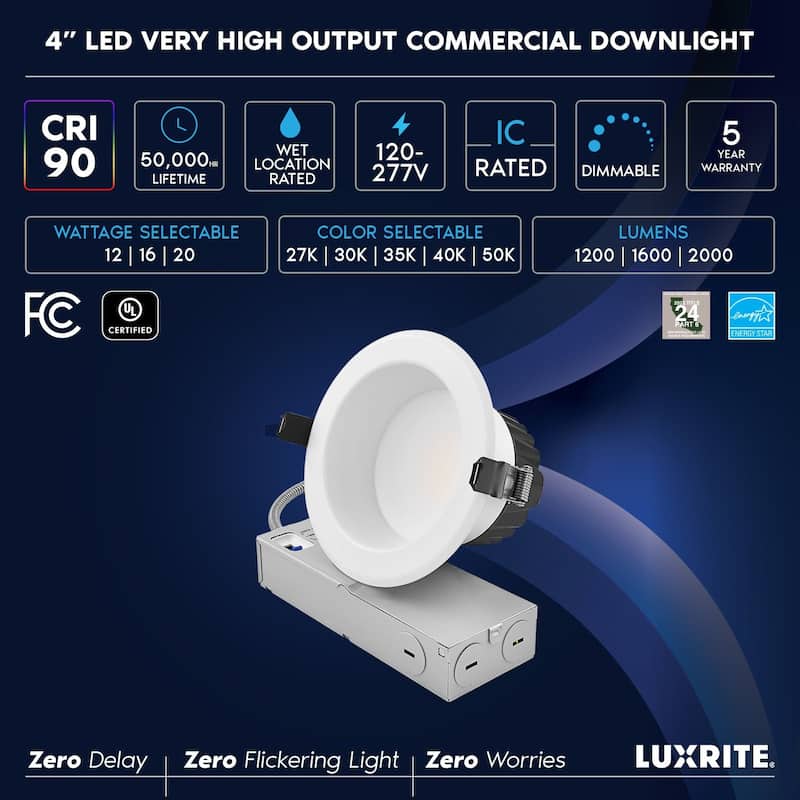 LUXRITE 4 Inch Commercial LED Recessed Light J-Box 5CCT 12/16/20W Dimmable 0-10V 1200/1600/2000LM 120-277V 6 Pack