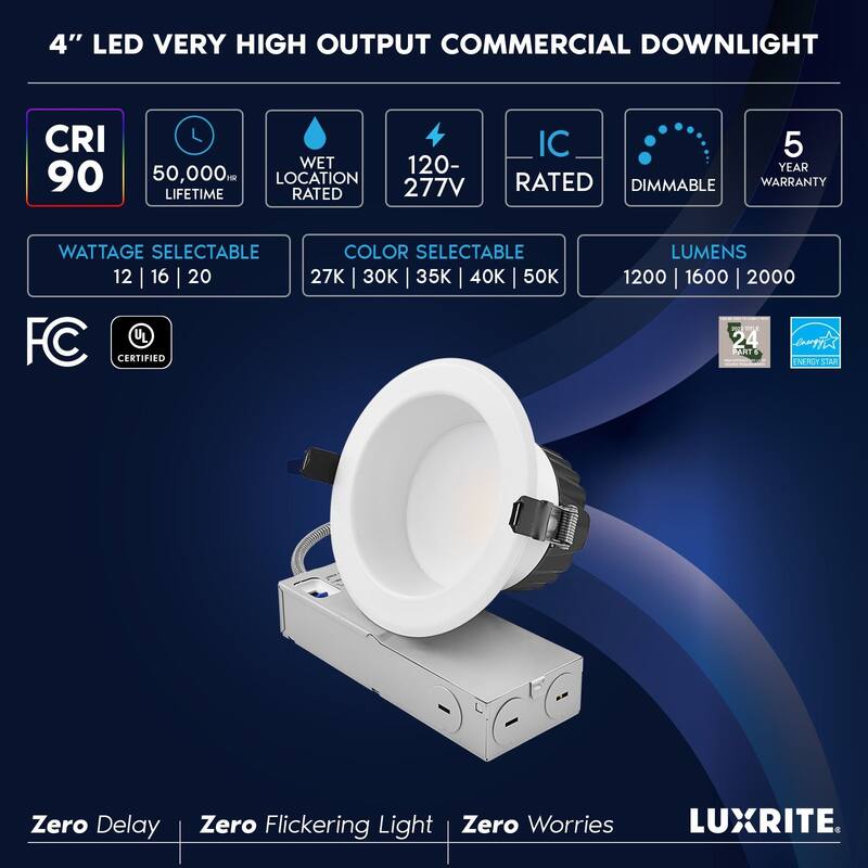 LUXRITE 4 Inch Commercial LED Recessed Light J-Box 5CCT 12/16/20W Dimmable 1200/1600/2000LM 120-277V Wet Rated IC Rated