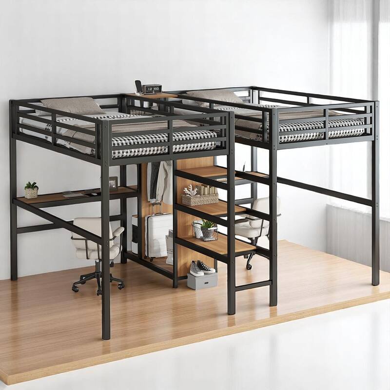 Twin Over Twin Metal Loft Bed with Dual Desks, Wardrobe, Charging Ports & Storage Shelves, Space-Saving Design for Kids & Teens