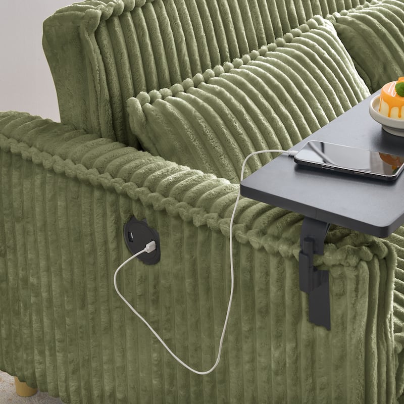 The Pull-Out And Push-In Corduroy Sofa With Dual Functions,Equipped With A Movable Tabletop And Usb Ports,Is Suitable