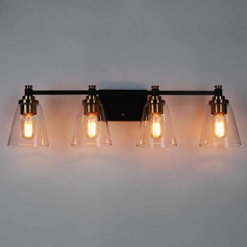 4-Light Modern Black Gold Bathroom Vanity Lights Glass Wall Sconces