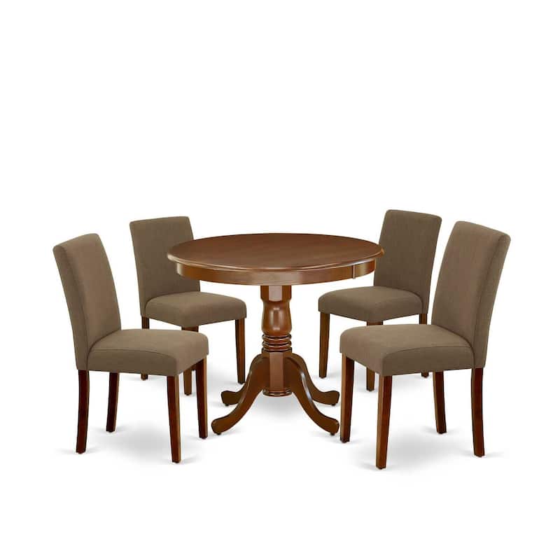 Round Dining Set 5pc - 36" Table & 4 Chairs - Linen Fabric, Mahogany Legs - Elegant Dining Room Furniture