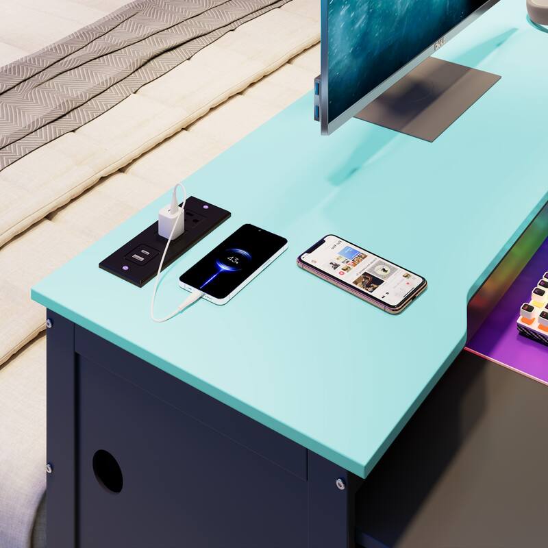 Wood Daybed with Trundle & Built-in Desk, LED Lights & USB Charging Port, Available in Full or Twin