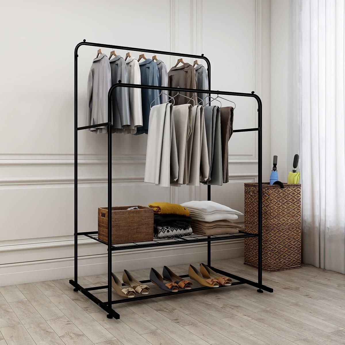 Garment Rack Freestanding Hanger with Double Rods Clothing Rack Shoe