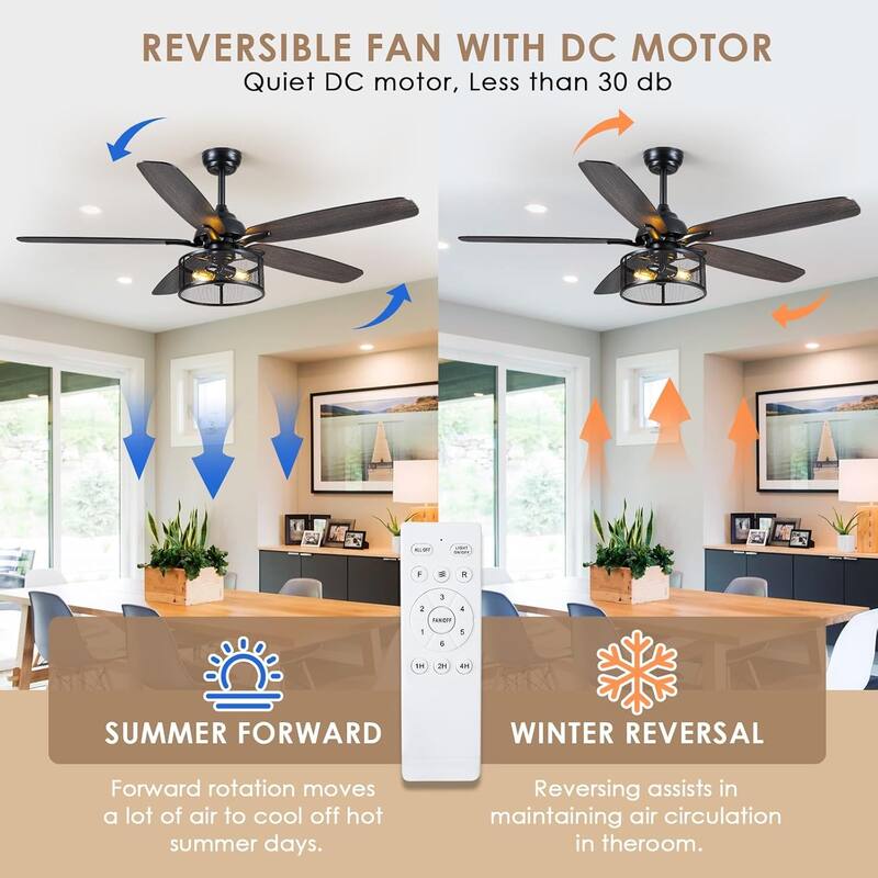 56 Inch Ceiling Fan with Caged Light and Plywood Blades for Farmhouse Living Room Bedroom