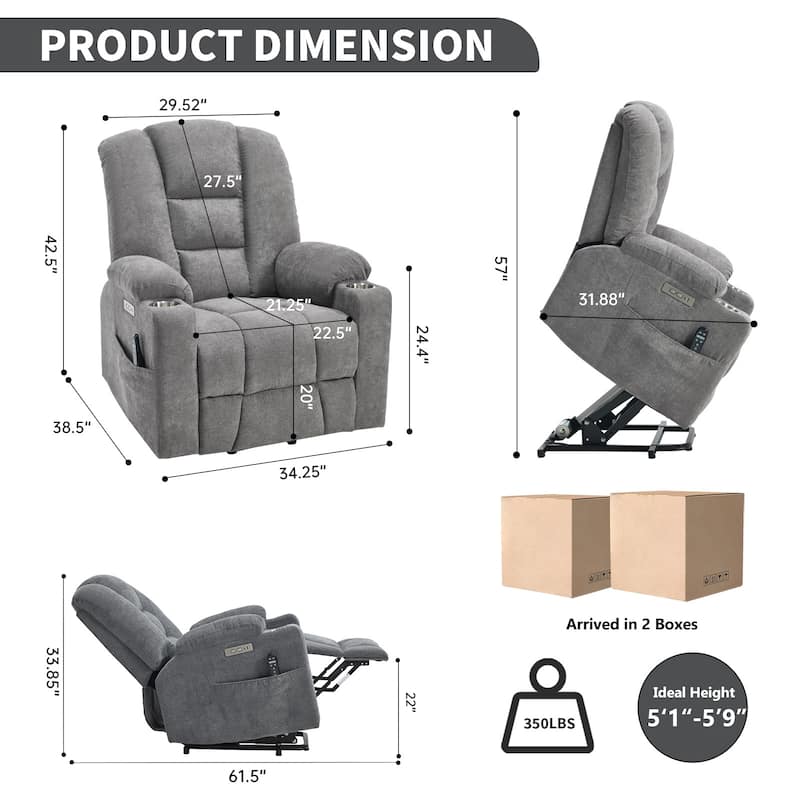 Power Lift Recliner Chair with Massage & Heat, Heavy Duty Electric Recliner, Recliner Chair with USB Ports & 2 Cup Holders - Light Gray