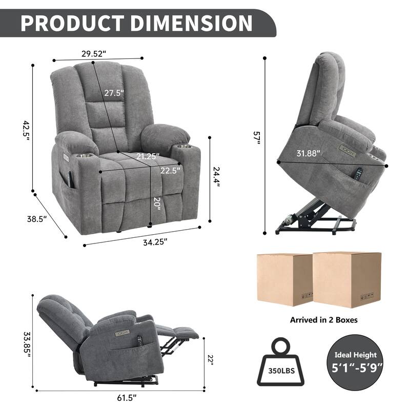 Roomfitters Oversized Power Lift Recliner, Massage Chair with USB A & C Ports and Dual Steel Cup Holders