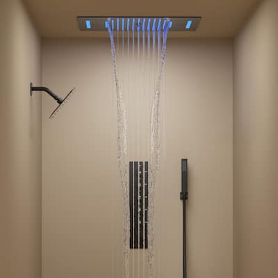 GRANDJOY Dual Shower Heads System with 3 Spray Modes 22"*15" Ceiling and 6" Wall Mount Body Jets Handheld Spray LED Music