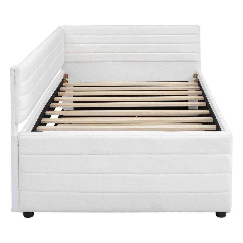 Twin Size Upholstered Daybed with Roll-Out Trundle, Space-Saving Wooden Frame, No Box Spring Needed