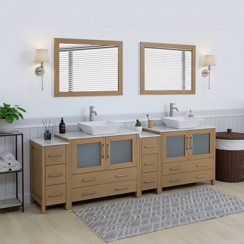 Vanity Art 96" Double Sink Bathroom Vanity Set with Engineered Marble Top and Free Mirror