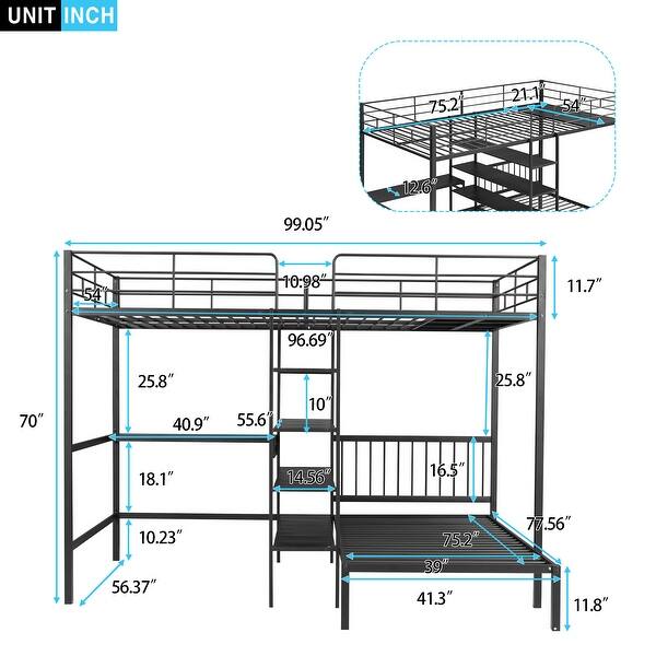 dimension image slide 0 of 2, Full over Twin Metal Bunk Bed with Desk, Four Storage Shelves and Ladder, Guardrail for Top Bunk