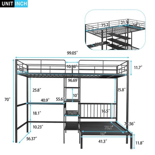dimension image slide 0 of 2, L Shaped Full Over Twin Bunk Bed with Built-in Desk and Storage Shelves, Metal Bedframe with Guardrails for Kids, Teens