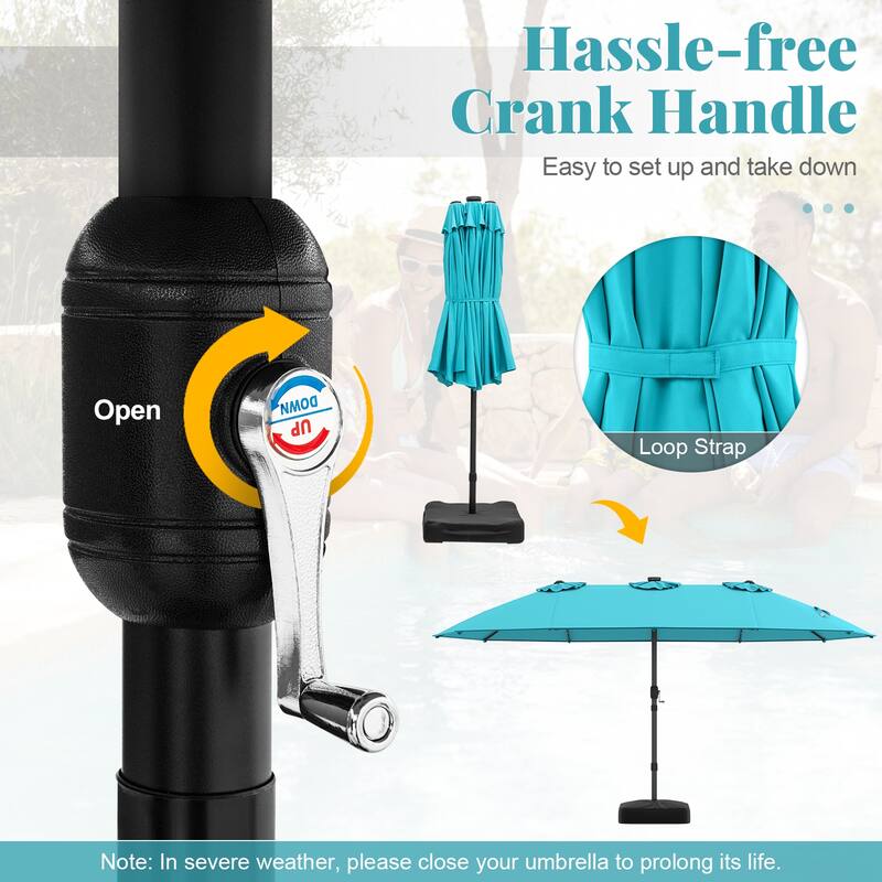 15FT Double Sided Patio Umbrella with LED Lights and Hand Crank Canopy
