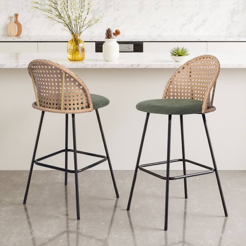 29"H Upholstered Bar Stools Counter Stools with Rattan Back Set of 2 - Set of 2