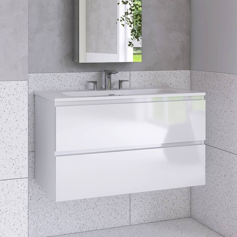 Floating Integrated Bathroom Vanity with Ceramic Sink, Three Faucet Holes