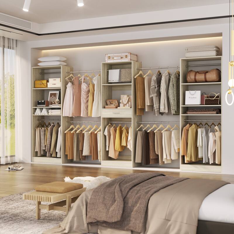 Set of 3 Closet Organizer Extendable Hanging Rods, Adjustable Closet System with Drawers and Shelves - Washed Oak