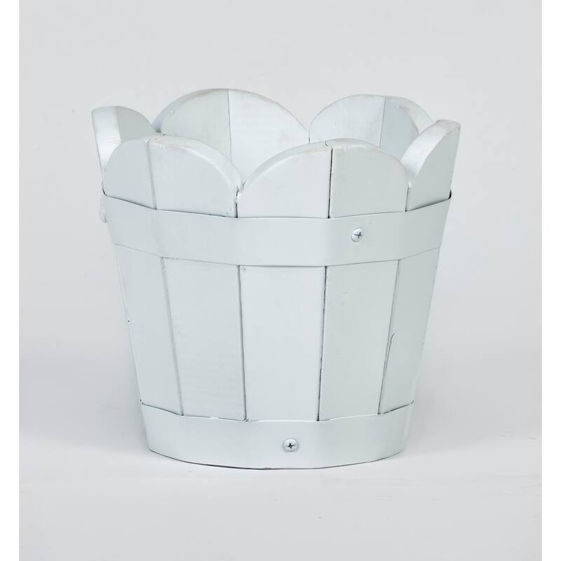 7" White Scallopped Acacia Wood Barrel Planter - 7