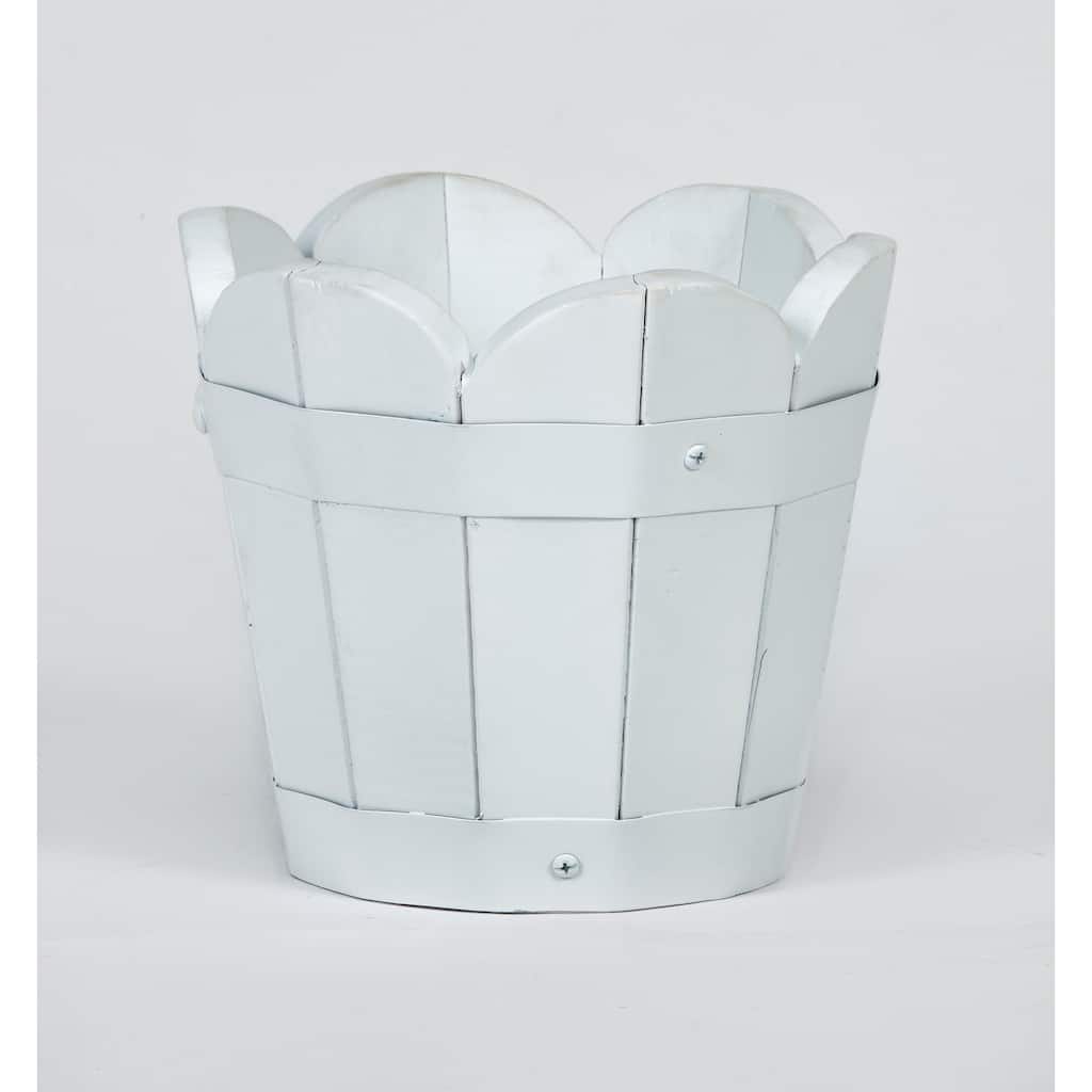 7" White Scallopped Acacia Wood Barrel Planter - 7