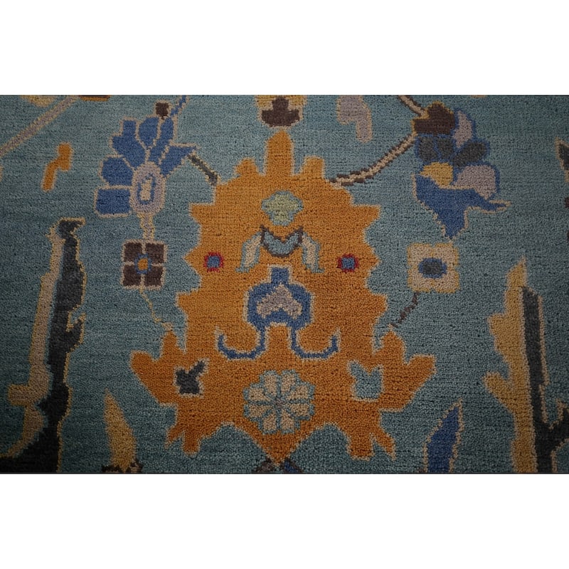Light Blue Oushak Indian Area Rug Hand-Knotted Floral Wool Carpet - 8'11"x 11'11"
