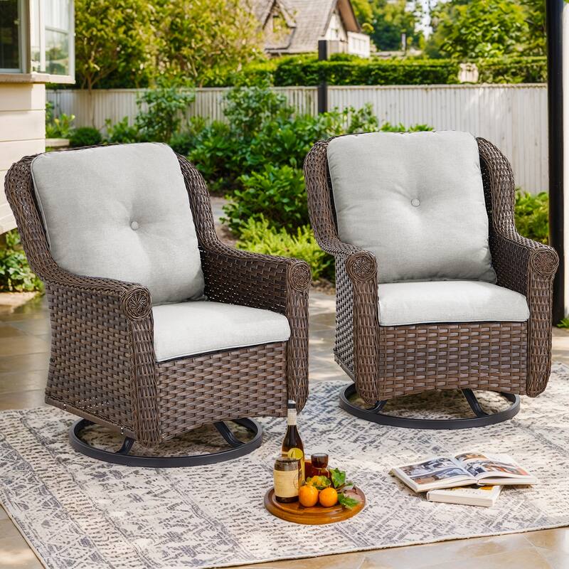 2 Piece Outdoor Swivel Chairs with Cushion - Brown - Beige