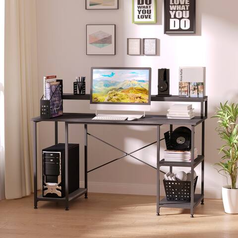 HOMCOM 55 Inch Home Office Computer Desk Study Writing Workstation with Storage Shelves, Elevated Monitor Shelf, CPU Stand