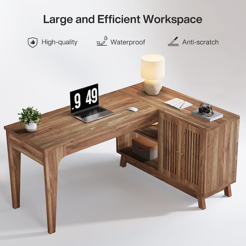 L-Shaped Desk with Storage Cabinet, 57-Inch Wood Corner Workstation