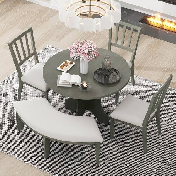 5-piece Rustic Charm Round Dining Set with 3 Upholstered Chairs and Curved Bench for Dining Room, Kitchen and Living room