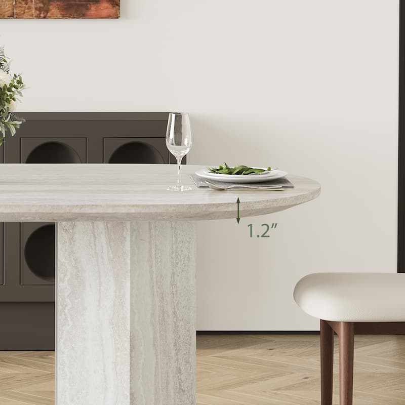 71" Modern Oval Wood Dining Table For 6 With Travertine Texture, Beige Kitchen Table With Bouble Pedestal