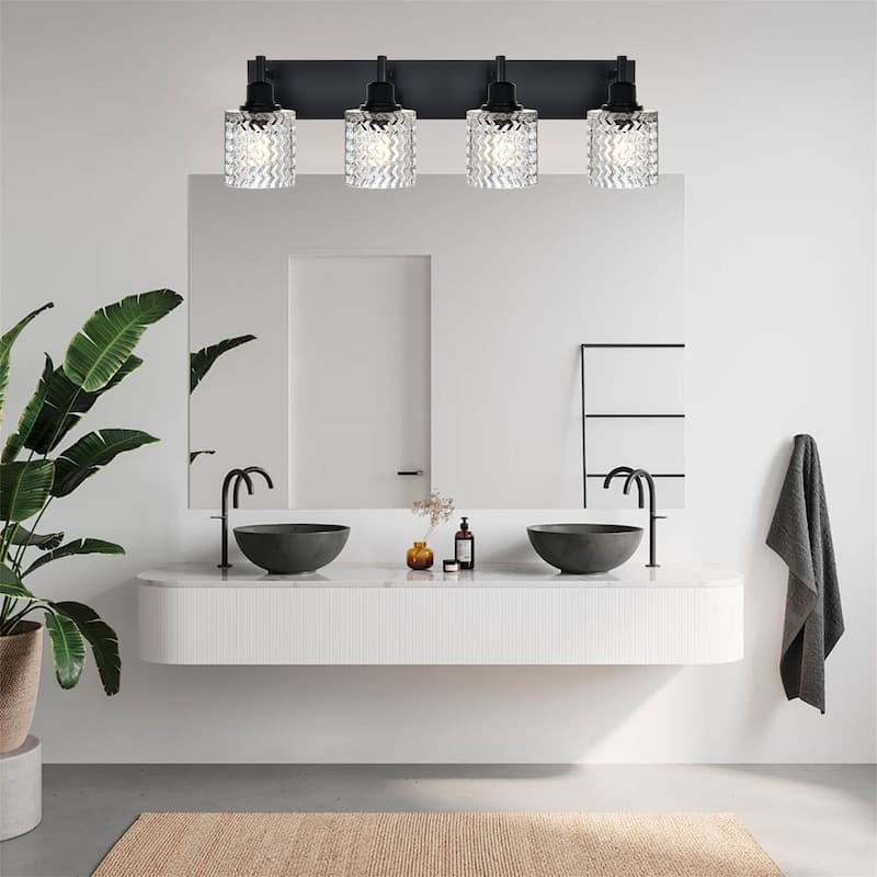 4-Light Industrial Black Wall Sconce with Hammered Glass Shades - Black