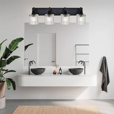 4-Light Industrial Black Wall Sconce with Hammered Glass Shades