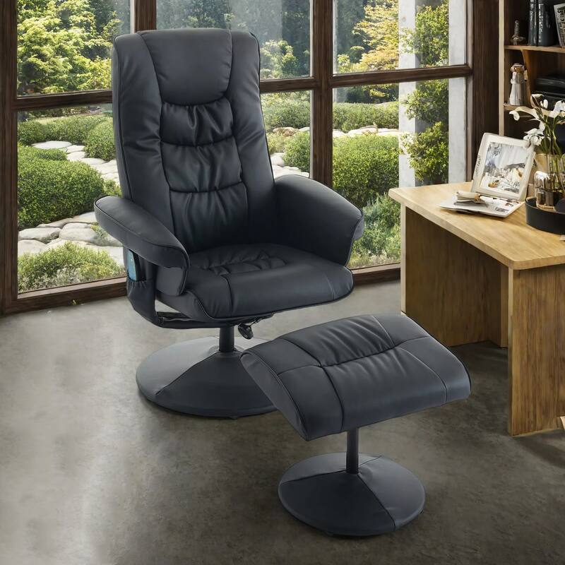 PU Leather 360° Swivel Massage Recliner Chair with Ottoman, Massage and Heated Seat - Black