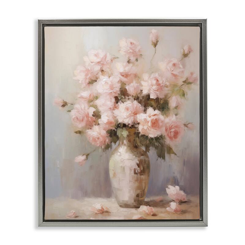 Stupell Vase of Soft Pink Roses Framed Floater Canvas Wall Art Design By Arlington Prints - 17 x 21 - Grey