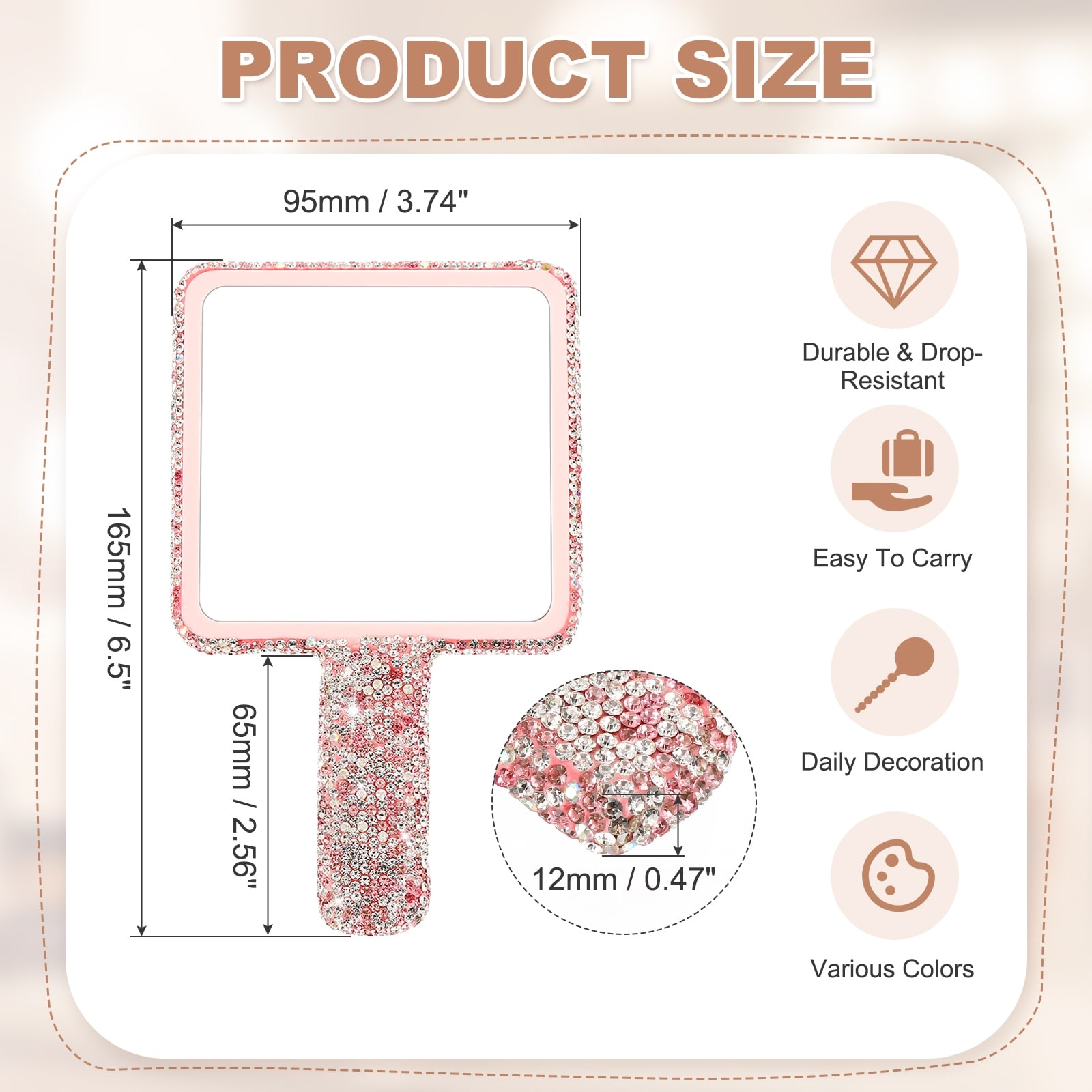 Rhinestone Hand Mirror, Bling Handheld Mirrors with Handle ABS Makeup Mirror for Women Travel Wedding Daily Use(Square Shape)